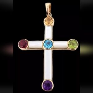 14k Gold Multi Gemstone Mother of Pearl Gemstone Inlay Cross Pendant 3.7g